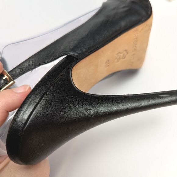 Antonio Melani Pleated Black Leather Peep Toe Slingback Heels Womens 9 - Picture 9 of 9